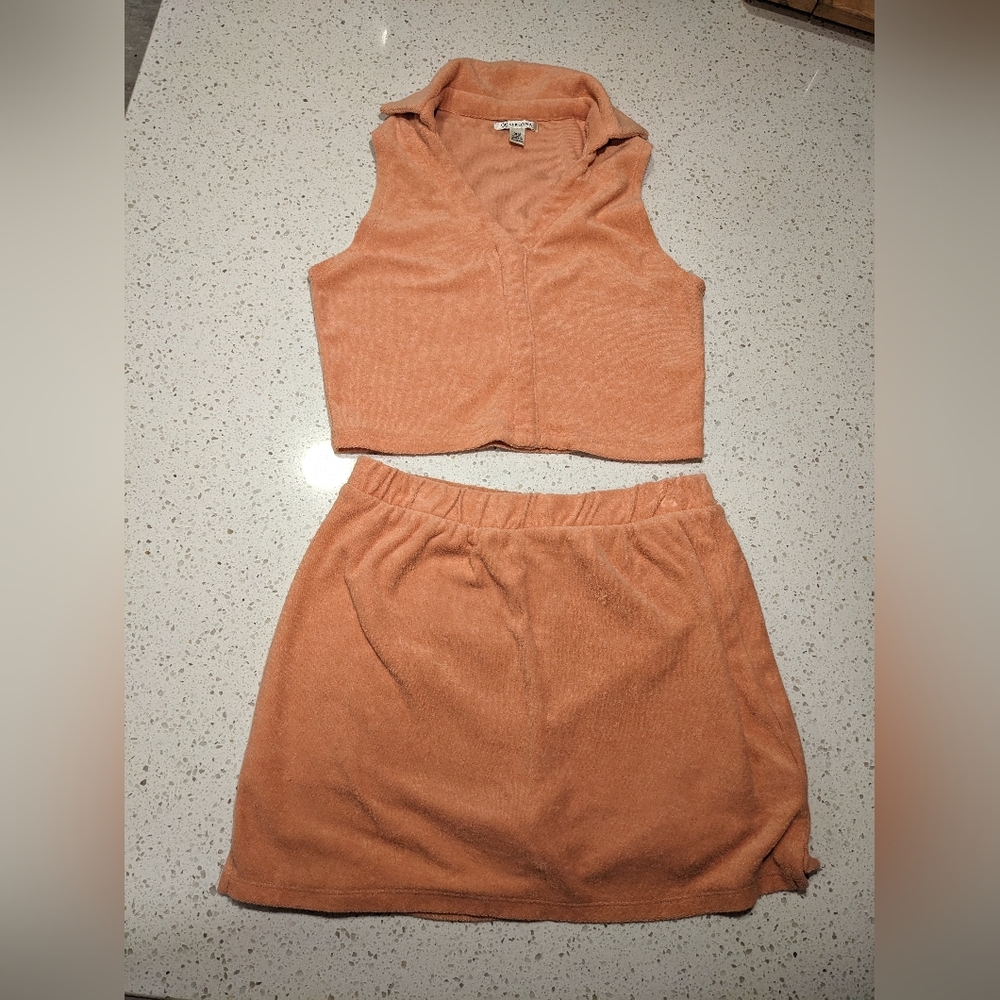 Versona Terry Peach Matching Set Collared Tank And Skort